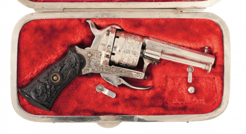Engraved Belgian pinfire revolver with hard rubber grips, mid 19th century.