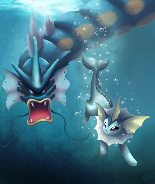 Gyarados + VaporeanPokemon’s 20th anniversary is coming up. Thanks for making me feel ancient.I have