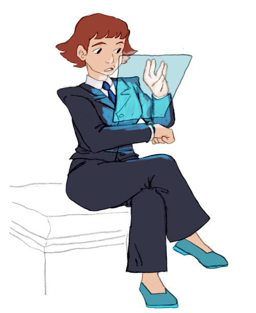 smallestbrown:

boss-baby-girl with a maxed out 401k[ID: a drawing of margaret encino from dimension 20′s a starstruck odyssey. margaret is a young white woman with a short red bob. she wears a navy blue suit and tie with teal flats, and sits with straight posture, one leg crossed over the other, consulting a teal-colored hologram coming from her watch.] 