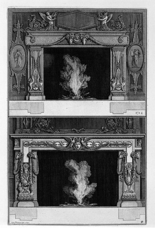 giovanni-battista-piranesi: Two fireplaces overlapping: the inf with Medusa heads between two swans,