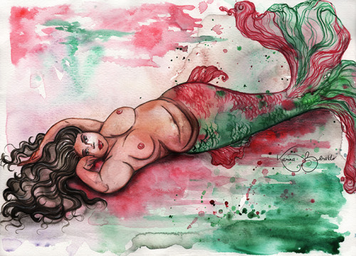 karinaberaldo: Green and Pink Plus Size Mermaid, Watercolor, 2016