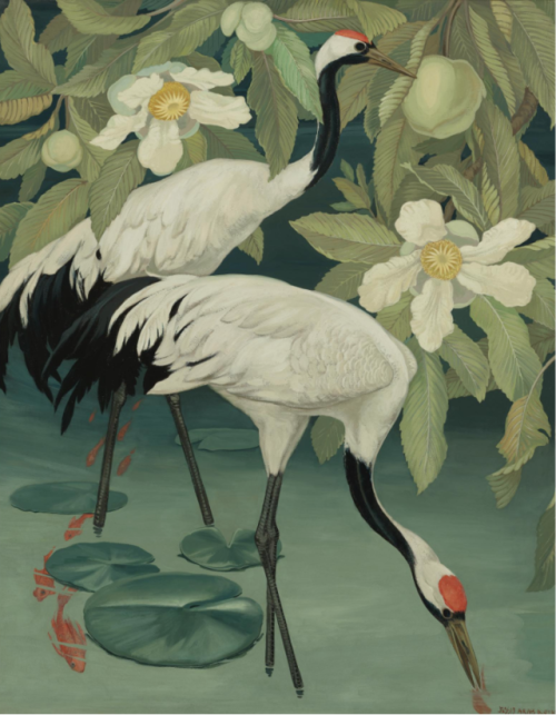 Jessie Arms Botke 1883 - 1971, SACRED CRANES IN A TROPICAL RIVER