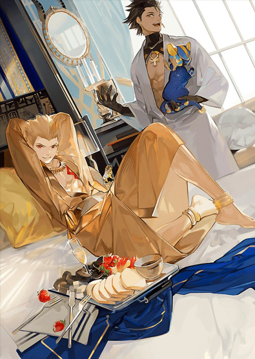 highdio:  黄金の間 ～ 王たちの戯れ  Official FGO Gilgamesh and Ozy hotel room art.