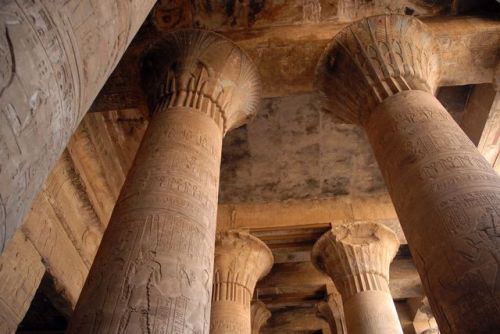 Papyrus columns inscribed with hieroglyphs at the temple of Horus at Edfu