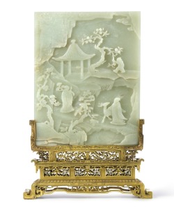 gardenofthefareast:  A pale celadon jade ‘immortals and landscape’ table screen and original gilt-bronze stand, Qing dynasty, Qianlong period
