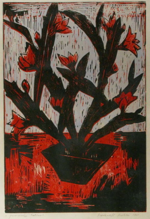 cactus-in-art:Miklós Mazsaroff (Hungarian, 1929-1997)Cactus with red flower, 1961