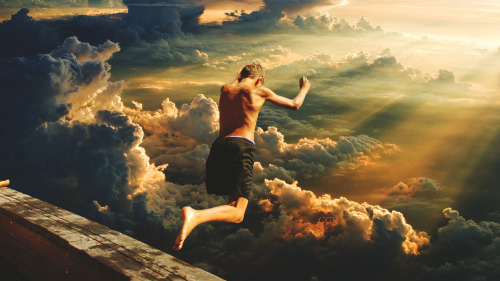 desktop wallpaper with an amputee onelegged guy jumping from the mountain into the cloudspapel tapiz