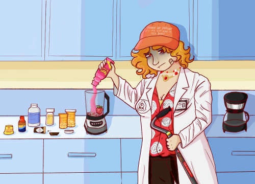 [Image ID: A digital drawing of Dr. McCoy, currently appearing as a fat somewhat disheveled blonde person. There is an ornate necklace with a ruby center charm and several smaller gems on her neck. She is wearing a lab coat, a half-unbuttoned hawaiian shirt, and an orange baseball cap that reads "Please be patient it's my first day in this body!" She is holding a cane decorated with several stickers and is using her free hand to pour an entire bottle of pepto bismol into a blender that currently contains several pills and one strawberry. She is glowering at the viewer while she does this. Next to the blender are several bottles of both prescription and over-the-counter medicine, 5-hour energy, and an empty container for a Starbucks to-go coffee shot thing. /End ID.]