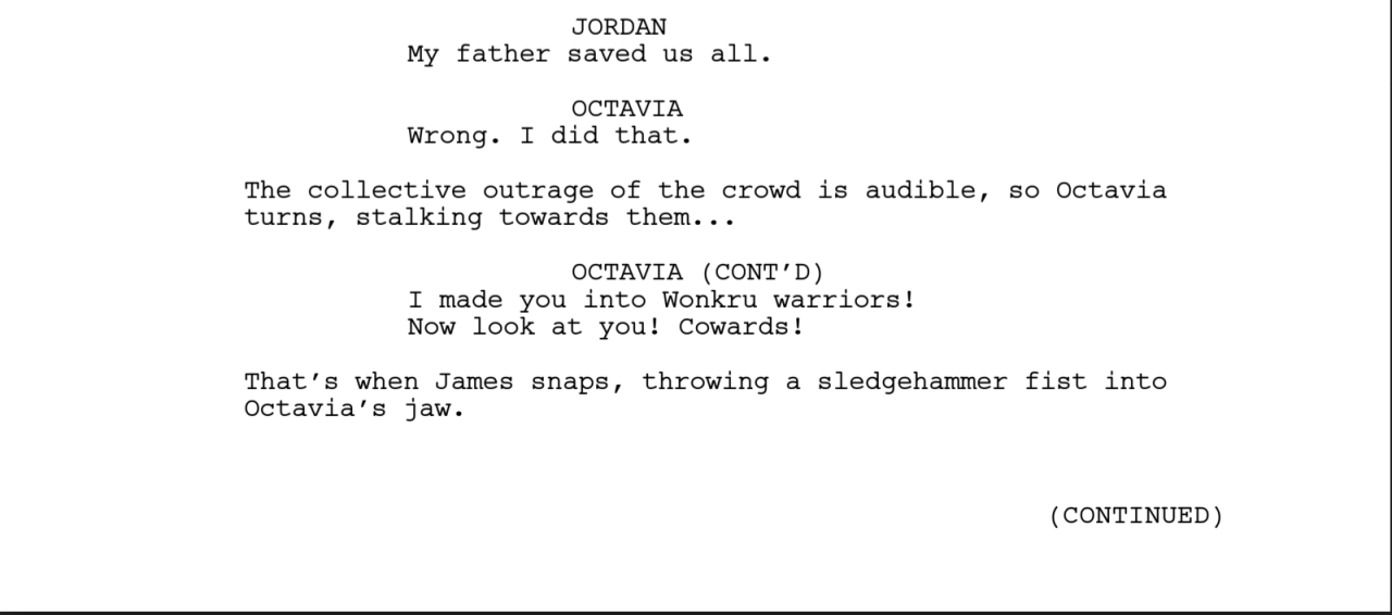 Hope that everyone enjoyed episode 2, written by Jeff Vlaming and directed by Alex Kalymnios. First up, we have the scene of Octavia’s fight in the mess hall. 