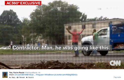 socialjusticekoolaid:    CNN has obtained a video, taken shortly after Michael Brown was shot, that shows a contractor who had been working near the shooting site describing the incident in a manner that matches other eyewitness testimony—raising his