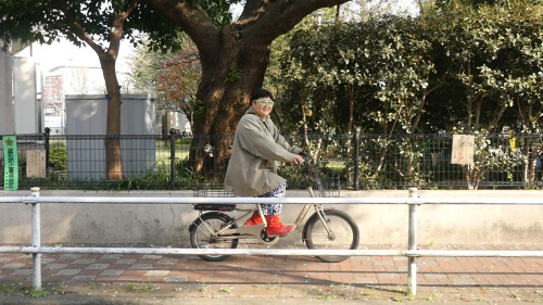 Artist Nogi Sumiko rides her bicycle in Chofu.
