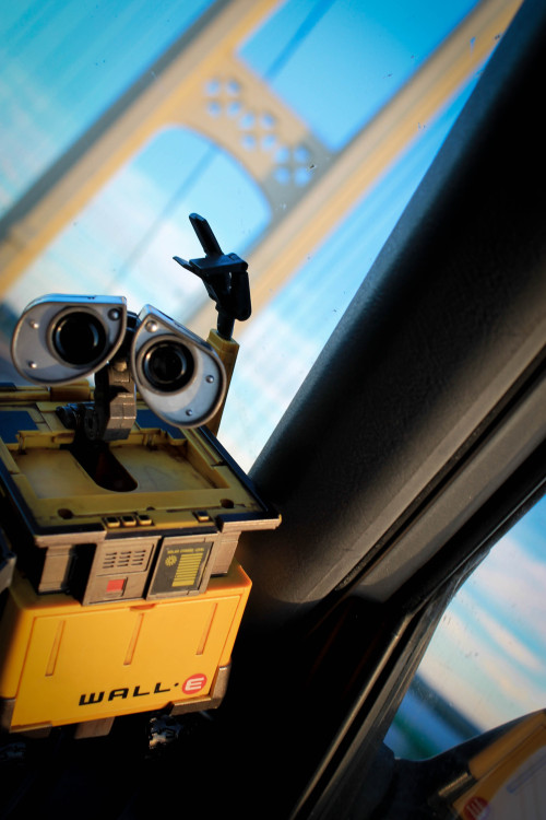 Wall-E loved the view from the Mackinac Bridge. We made it to White Birch Lodge!
