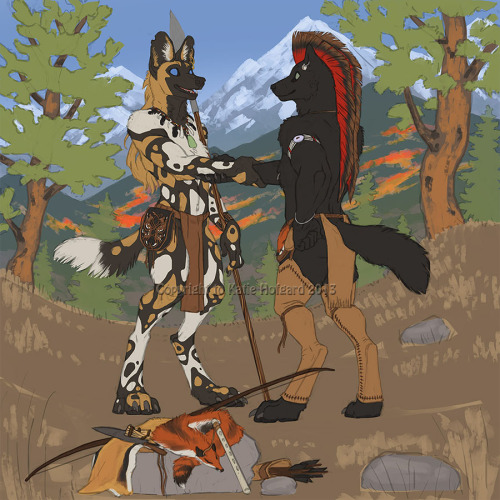 eskiworks:  Full illustration commission done for Smokepaw and Utunu!  Utunu (African Wild Dog) has traveled a long way from African to meet with his long time friend Smokepaw (Wolf) in the Rocky Mountains to trade a few special items. The day is crisp