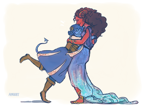 keplercryptids:apricatt-art:The Ruby and her Little Sapphire [image description: a drawing of Jester