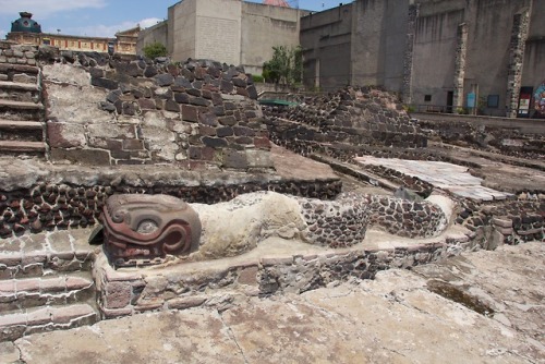 One of two undulating serpents flanking the double staircase to theTemplo Mayor (Tenochtitlan).