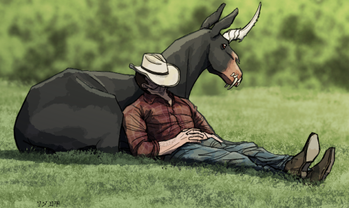 Inktober Day 28: DowntimeThe Mysterious Stranger takes a break with his mount in a quiet corner of t