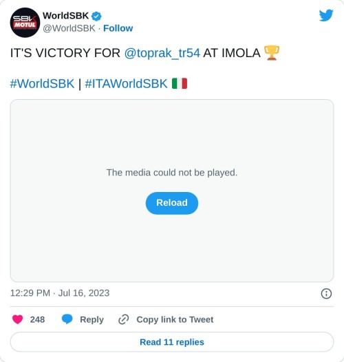 IT'S VICTORY FOR @toprak_tr54 AT IMOLA 🏆#WorldSBK | #ITAWorldSBK 🇮🇹 pic.twitter.com/04IULCp2zj  — WorldSBK (@WorldSBK) July 16, 2023