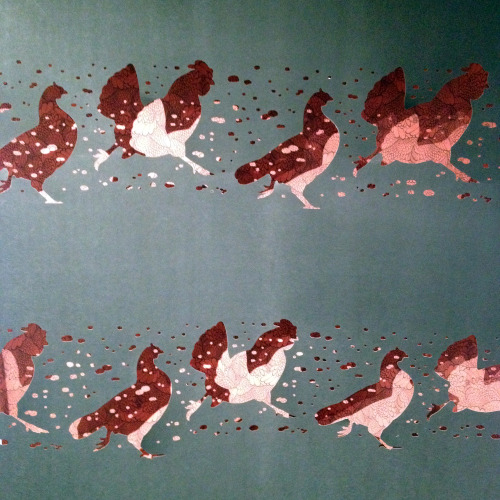 Paper cut, hens, feathers pattern: a preview of what Nancy Peña, Atelier Virgül and I have been conc