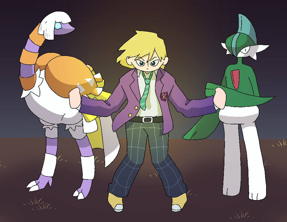 fanart of teru in the black vinegar arc with an espathra and gallade standing behind him
