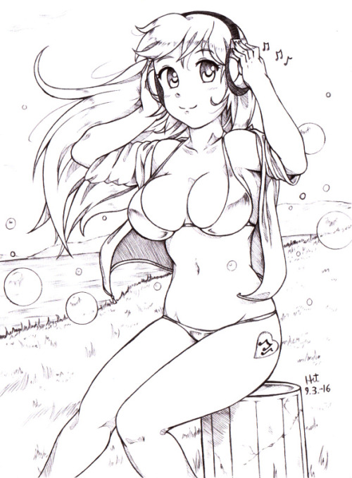 Second attempt at a presentable ballpoint pen doodle. This time a bikini babe listening to music fro