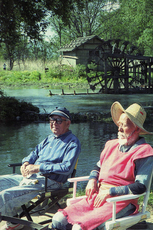 kurosawa-akira:  Akira Kurosawa and Chishu Ryu on the set of Dreams. 