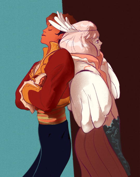 Dnd fashionistas ! My aasimar magician character : Aarc (right) ; and @cy-lindric‘s tiefling bard character : Yagi (left) 👹😇