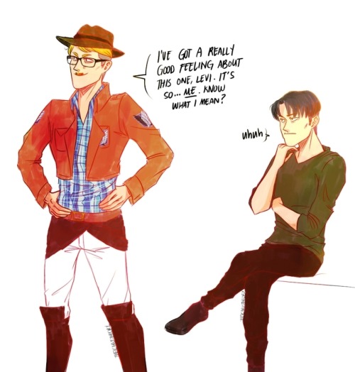BE THE SUPPORTIVE BOYFRIEND YOU ALWAYS HAVE TO BE, LEVI. CONCEAL, DON’T FEEL.  I ’m happy fashionably-confused!Erwin is now canon. 