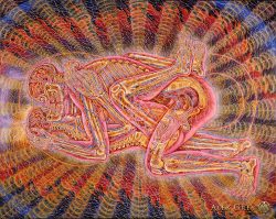 fuckyeahalexgrey:Alex Grey - Progress of the Soul pt. 15 “Copulating”  1984, oil on linen. &ldquo;A purifying fireball of passion surrounds the embracing couple, welding them together.  Eros implies the divine will for human surrender in love to create