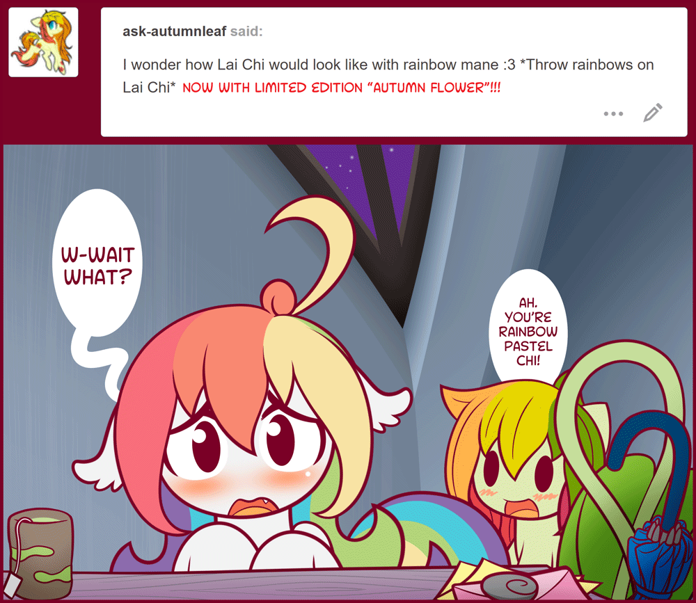 ask-laichi:“R-rainbow hair??…” This one’s a little sadder but we end with