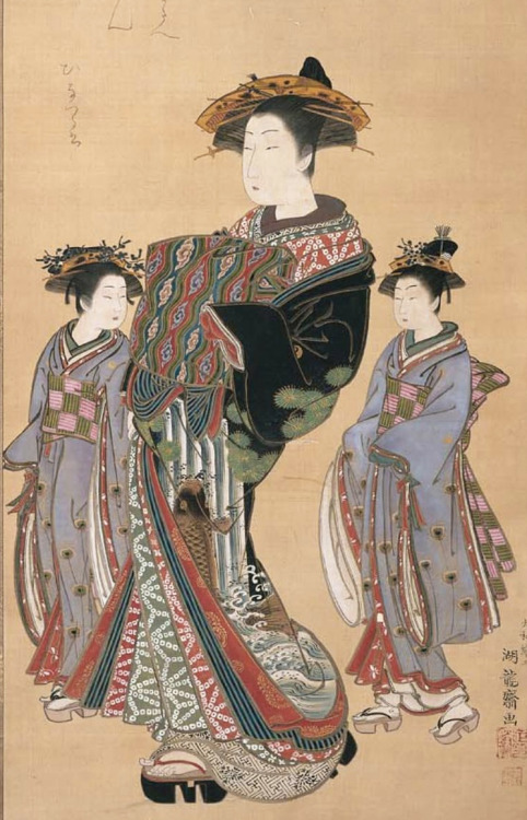 Main detail of a painting featuring courtesan Hinazuru and two attendants. Hanging scroll, 1772-1781