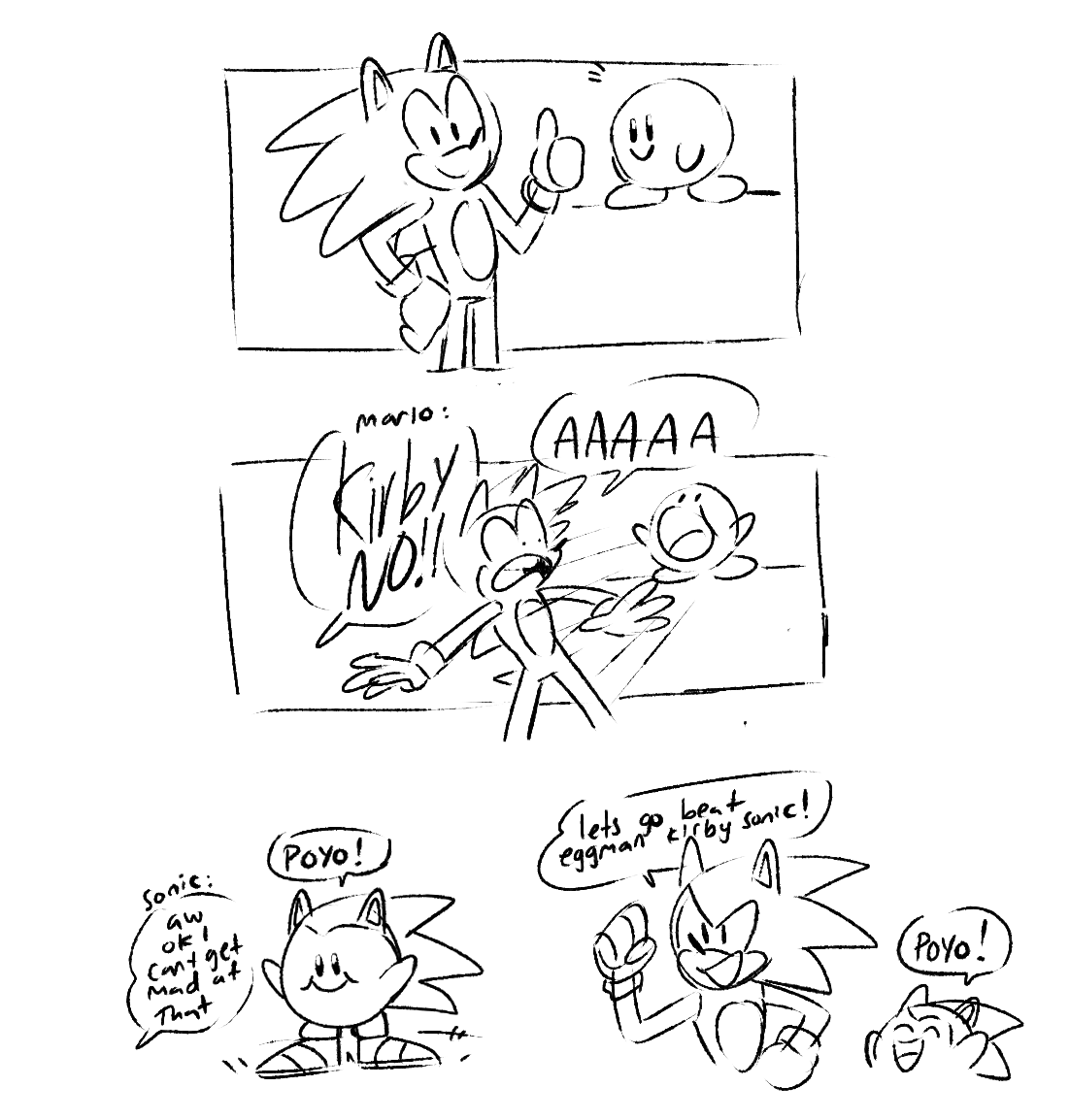 looneyfrechie:  some mario and sonic stuff i doodled in my stream feat kirby