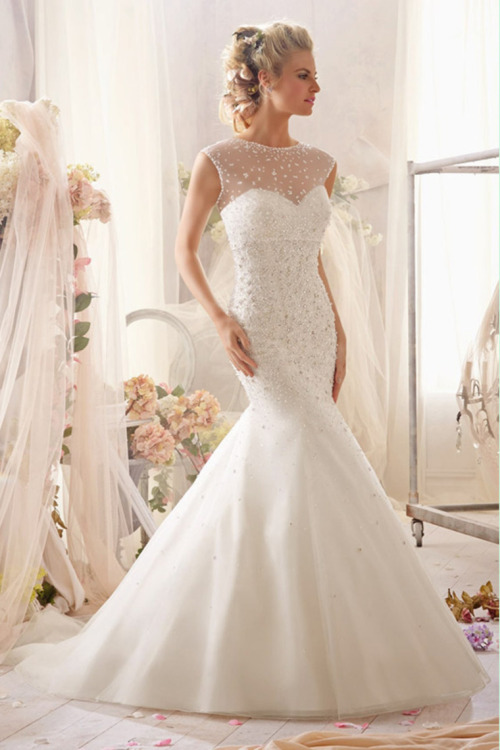  2014 Beading Chapel Trumpet Organza Wedding Dress 