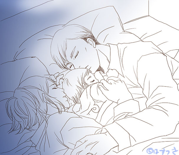 hasutsuki-toru:  GOOD NIGHT……….erwin,hanji,baby… eruhan family…( ･ิω･ิ)♥(°