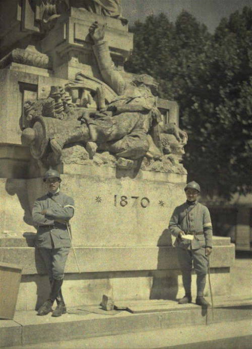 scrapironflotilla:French soldiers posing in front of the monument commemorating the Franco-Prussian 