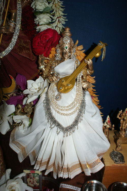 Durga Puja alamkaram, Vishnu as Vishnu-Durgai with Lakshmi and Saraswati at my household shrine.