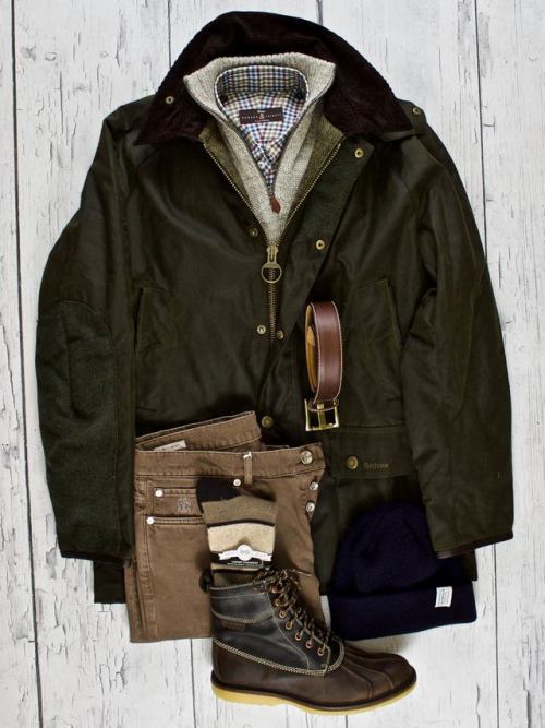 Fall fashion lay down for your Wednesday:~ Olive waxed cotton with tweed trim Jacket by Barbour~ Gra