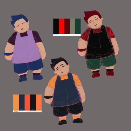 did a couple. Of color schemes for both the  Tomboy and the chubby character. Trying to to stay with base colors that don’t involve any lighting or shades as those would change the colors.