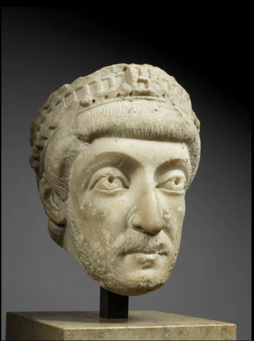 artofthedarkages:A diademed bust of the Byzantine emperor Theodosius II. Carved out of marble.&