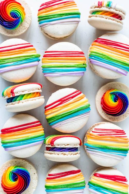 sweetoothgirl:    Black And White Macarons With Rainbow Drizzle