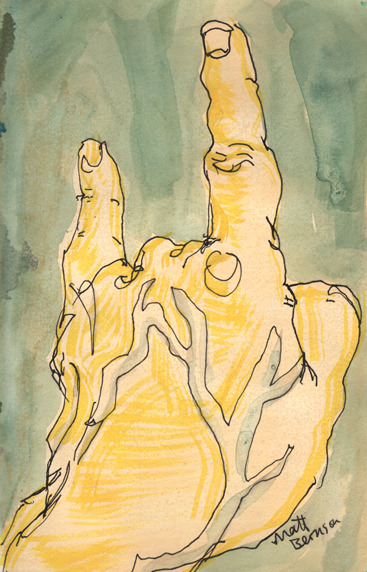 Hands drawn by Matt Bernson.   Ink and watercolor on paper  5"x8"