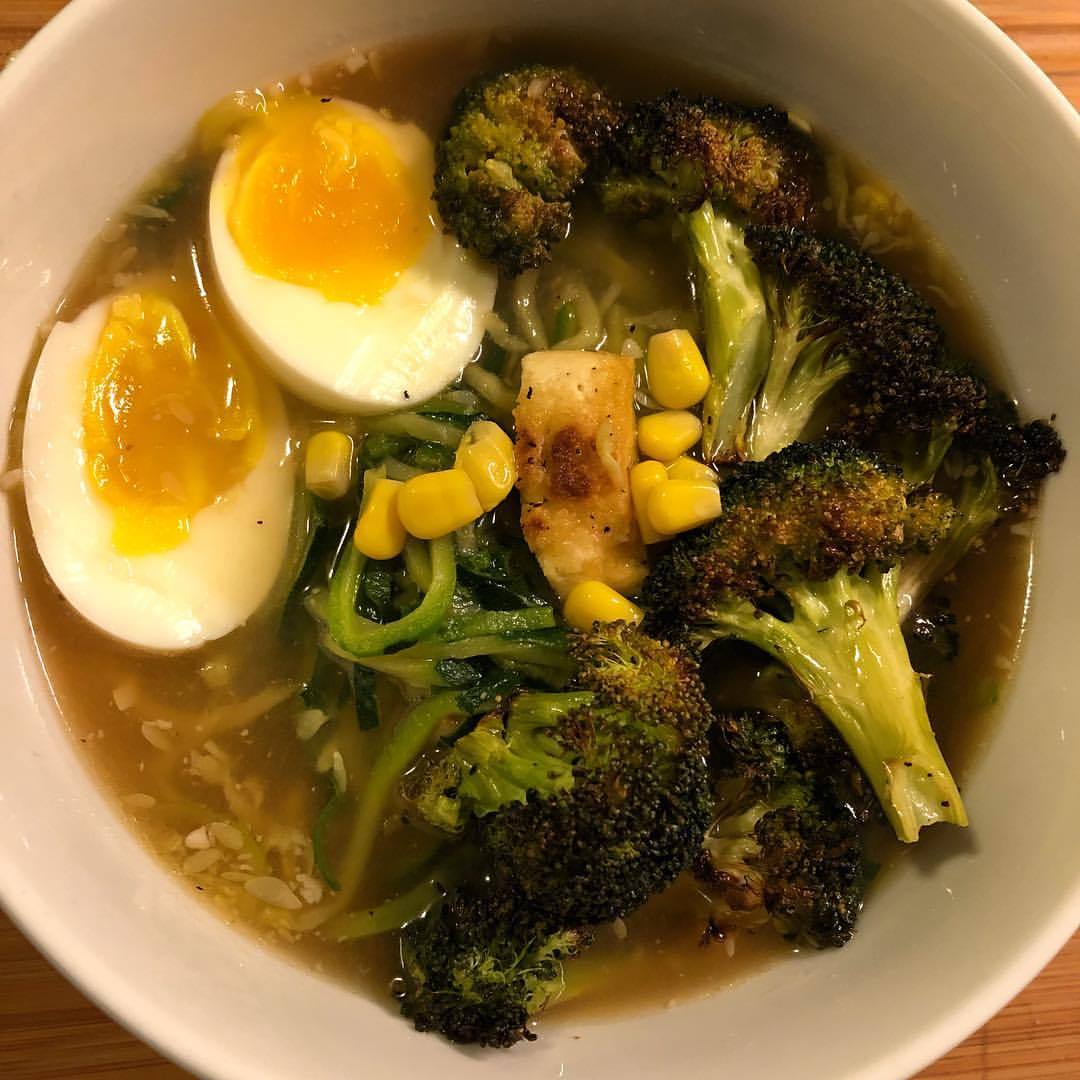 Zucchini noodle ramen with charred broccoli, corn, and tofu. #glutenfree #vegetarian #lchf #keto (at Cougar Crowley Household)