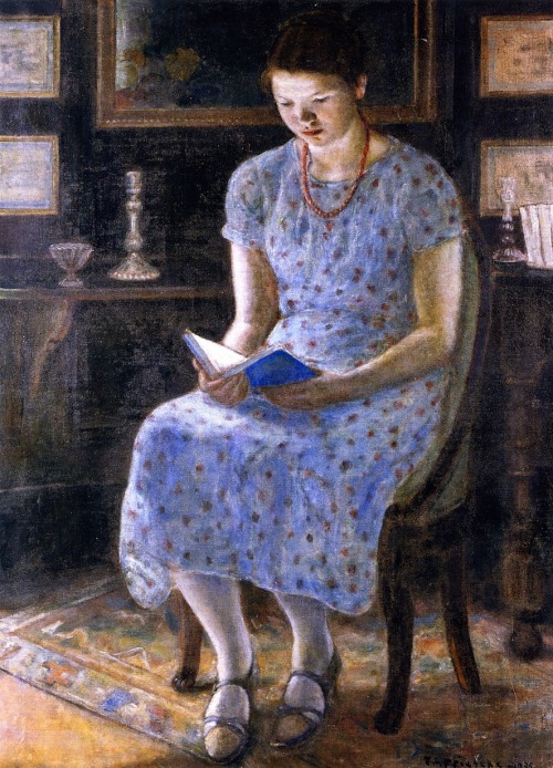 windypoplarsroom:Frederick Carl Frieseke “Blue Girl Reading”