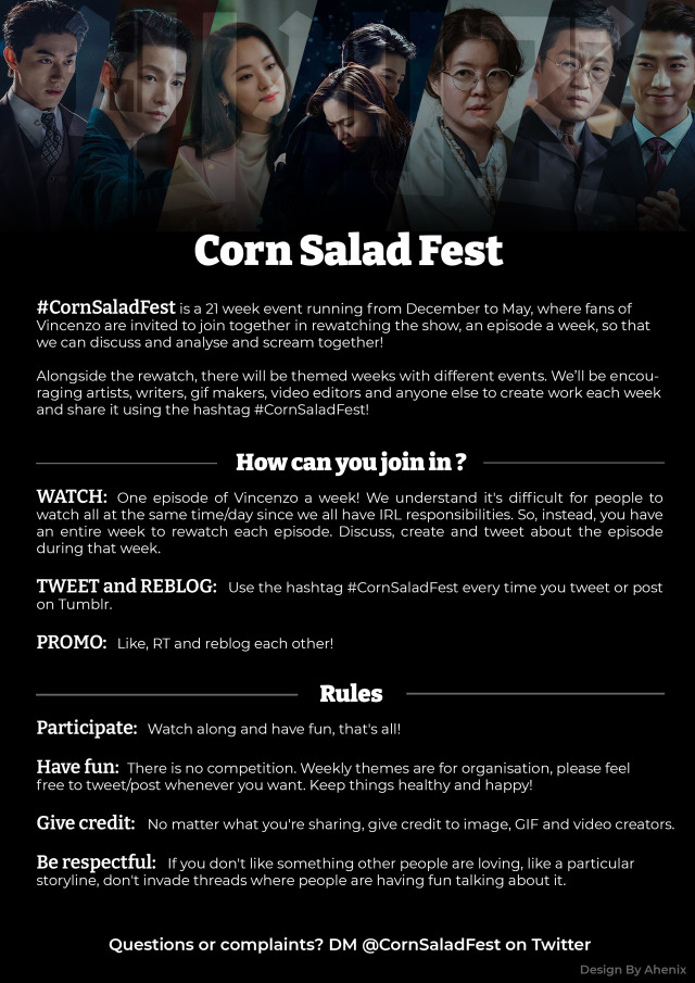 Hey #Vincenzo fam! It's been half a year since our Corn Salad has left for Malta & we thought it was a good time to celebrate the entire show again with a fandom fest! This is our chance to have a nice long rewatch once a week starting Dec 20. We hope you join in! #CornSaladFest