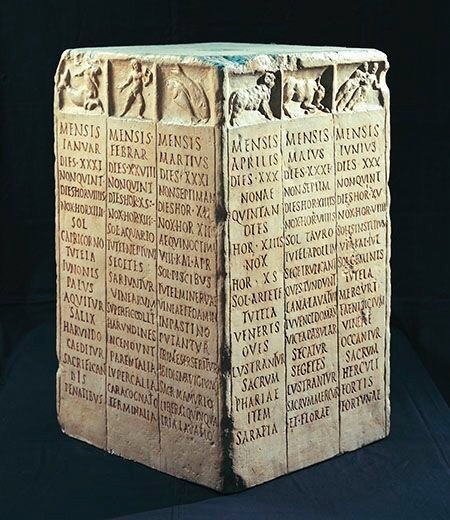 Roman farmers Calendar. Each side bears the names of free months of the year. For each month we can 