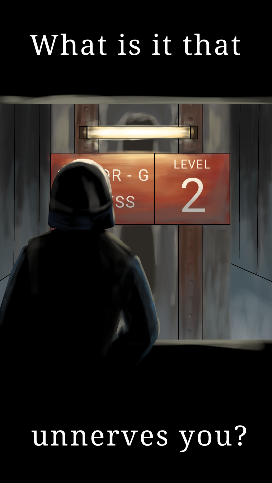 A vertical image of barney calhoun in the black mesa guard uniform silloetted looking out a elevator window. He is looking at a sign, half of whoch is obscured by his head but the visible text reads: level 2. overtop the image reads the text: what is it that unnerves you?