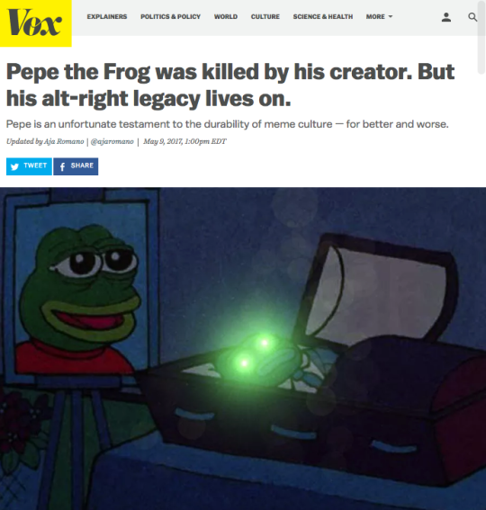 tunte:  kompanie-mutter: kompanie-mutter:  kompanie-mutter:  I somehow ended up reading a Vox article about the death of Pepe and it’s so much more entertaining than I expected it would be this journalist is legitimately trying to make some artist drawing