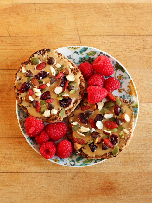 garden-of-vegan: Toasted sprouted grain English muffin topped with trail mix (peanut butter, chocola