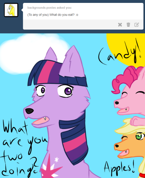 wolfietwi:  (To actually answer the question, to keep consistency with Fluttershy’s attraction to all animals, there are plants in Caninia that are filled with protein, like multiple tofu flavors. So yeah, no actual meat, just meat-like plants.)  x3!