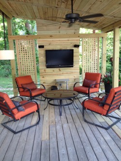 craftycub:  I’ve been helping Mike add on to his deck at the camper. The Deck was already there, but the two of us added the roof, and television wall, built the fire pit table and planter. Can’t wait to use it! :)