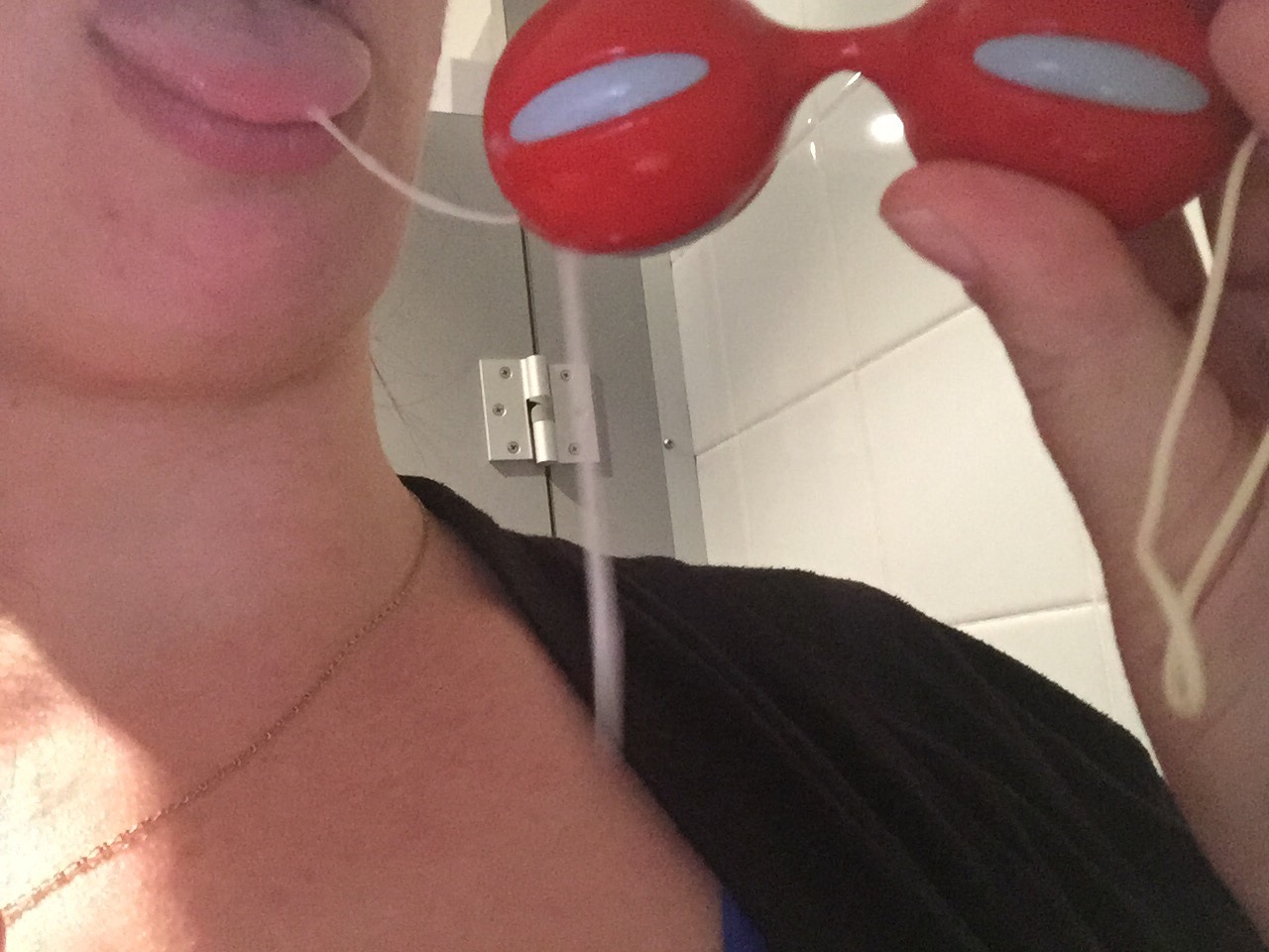 picslutwhore:  This is how I keep my pussy wet all day💦 Love my ben wah balls.